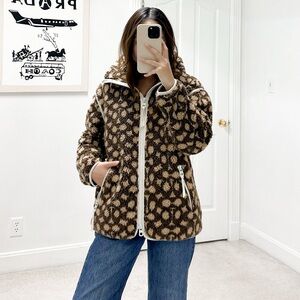 Coach Signature Logo Sherpa Zip Up Jacket in Brown and Cream